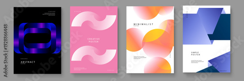 Set of four diverse graphic posters including 3D ribbons fluid circles and geometric folds with premium color palettes for creative projects