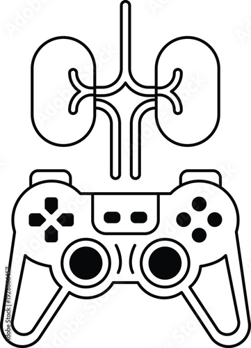 A black and white image of a video game controller with a pair of lungs on top o