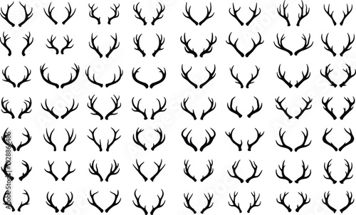 Stylized deer antler silhouettes in diverse branching patterns, abstract wildlife grid design, creative nature artwork, modern vector illustration, artistic composition background