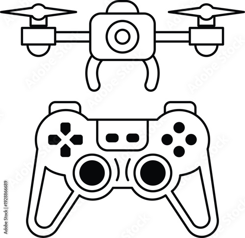 A black and white drawing of a video game controller and a drone