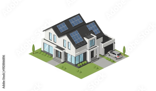 A modern house with solar panels on the roof and a car in the driveway