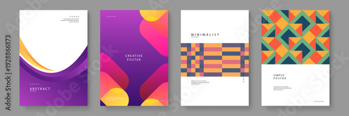 A diverse collection of four posters featuring purple fluid waves orange rounded shapes retro grids and mosaic geometric tiles