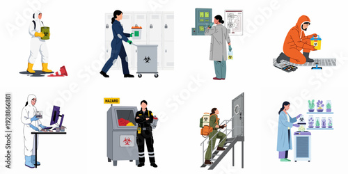 Professionals managing biohazard waste, conducting lab research, and ensuring safety across various environments, illustrating critical health and environmental protocols.