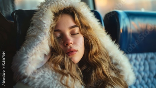 Young woman sleeping peacefully on a train, wearing a cozy fur-lined hood, warm light.