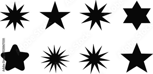 Black star icon set, diverse geometric shapes for ranking, award, sparkle, quality rating and decorative design elements