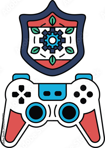 A black and white drawing of a video game controller and a shield