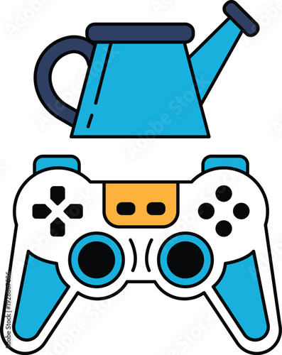 A black and white image of a video game controller and a watering can