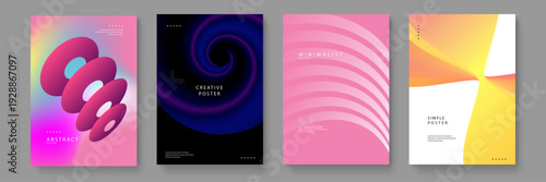 Collection of four premium abstract posters featuring 3D torus shapes vibrant liquid gradients and minimalist line art for contemporary branding