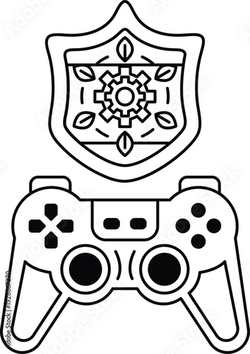 A black and white drawing of a video game controller and a shield