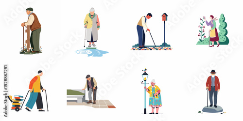 Collection of vibrant illustrations depicting senior men and women using canes in various outdoor settings, highlighting their active and independent lifestyles.
