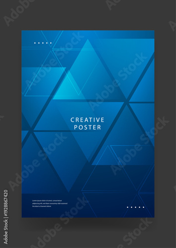 Professional creative poster featuring overlapping geometric triangles and a dark blue gradient mesh for a corporate tech feel