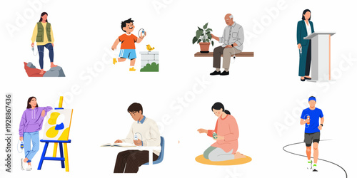 Illustrative scenes depicting various individuals across different ages and lifestyles, actively managing health with personal medical technology.