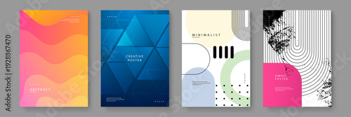 Diverse set of four modern posters including geometric triangles fluid waves and minimalist bauhaus style graphics for versatile design