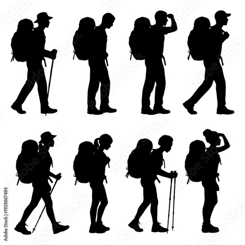 Hiking and Traveling Couple Silhouette - Man and Woman Carrying Backpacks Pack