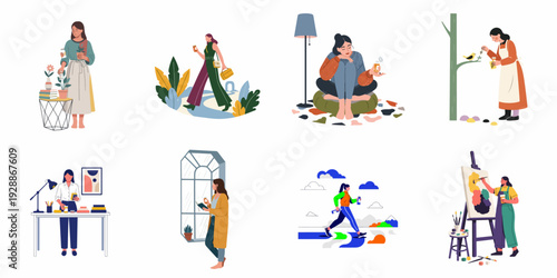Diverse Women's Daily Lives and Self-Care Activities: Hobbies, Wellness, Work, and Leisure Illustrations