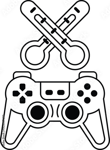 A black and white image of a video game controller with a pair of scissors on to