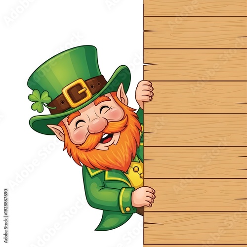 St patrick's day leprechaun hiding behind wooden sign