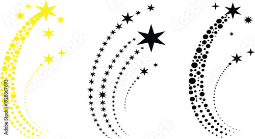 Shooting star trail vector set, yellow and black sparkling comet tails for magic, celebration and decoration