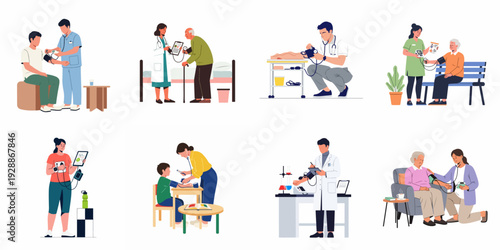 Various scenes of blood pressure monitoring by medical professionals and individuals across different ages and settings for health check-ups and diagnostics.
