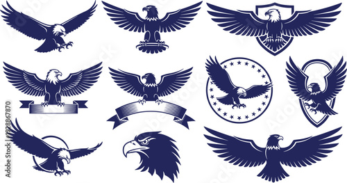 Stylized eagle silhouettes with wings spread, patriotic emblem designs, abstract bird insignia, creative logo concept, modern vector illustration, artistic composition background