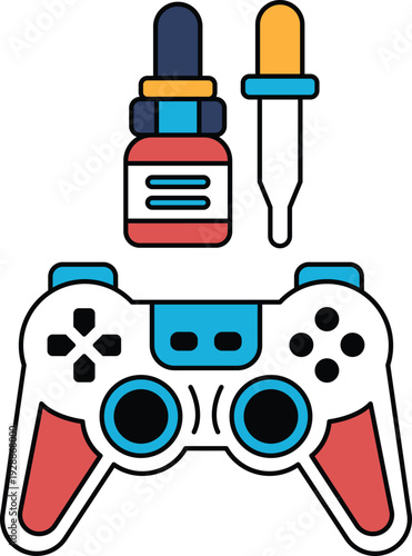 A black and white image of a video game controller with a bottle of liquid