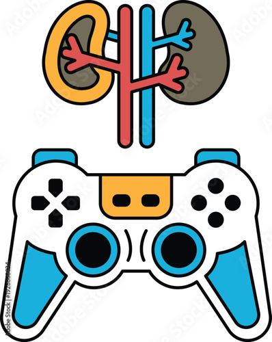 A black and white image of a video game controller with a kidney on the side
