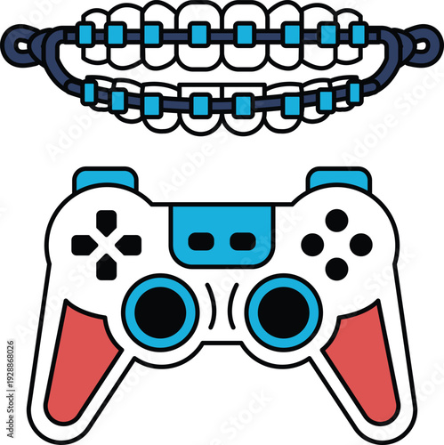 A black and white image of a video game controller and a set of braces