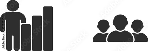 Business growth icon set, person with rising bar chart and team group for leadership and success