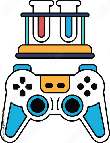 A black and white image of a video game controller with a lab on top of it