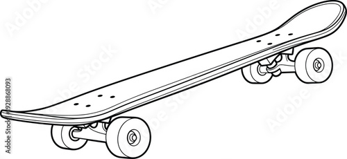 Black and white skateboard line drawing, isolated deck with wheels and trucks, simple outline illustration for sports, recreation, design