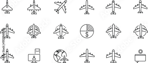 Black and white vector illustration collection of airplane icons representing aviation, air travel, booking, costs, and global flight concepts