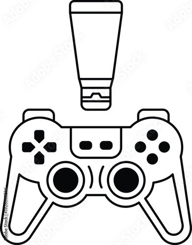 A black and white drawing of a video game controller with a tube of toothpaste o