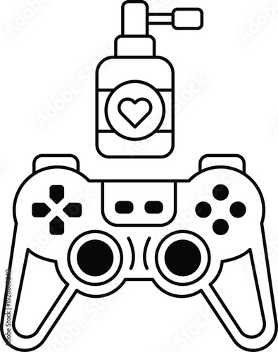 A black and white drawing of a video game controller with a bottle of lotion nex