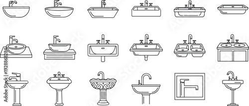 Black and white vector illustration collection of diverse sink designs, including pedestal, countertop, wall mounted, and double basin styles
