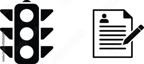 Traffic light icon and resume document with pencil for signal, transport, job application and career management