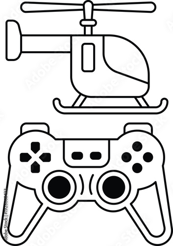 A black and white drawing of a helicopter and a video game controller