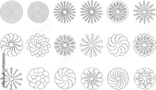 Black and white vector illustration of circular geometric patterns, fractal spiral radial symmetry designs for decorative art