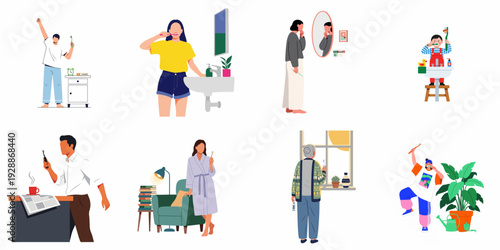 Diverse People Brushing Teeth and Starting Their Day: Morning Hygiene and Daily Routines at Home