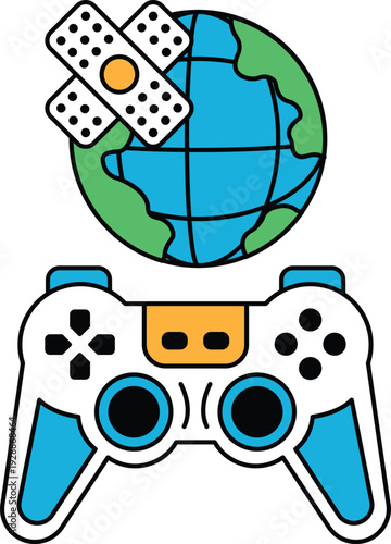 A black and white drawing of a video game controller with a bandage on it