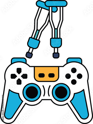 A black and white image of a video game controller with two crutches on top of i