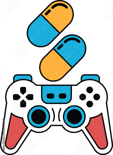 A black and white image of a video game controller with two pills on top of it