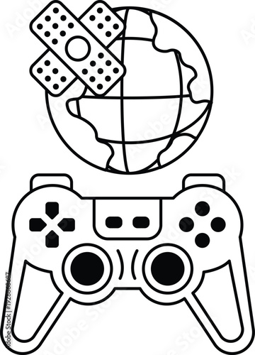 A black and white drawing of a video game controller with a bandage on it
