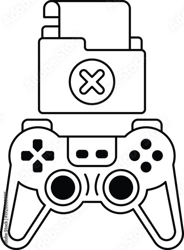 A black and white image of a game controller with a folder on top of it