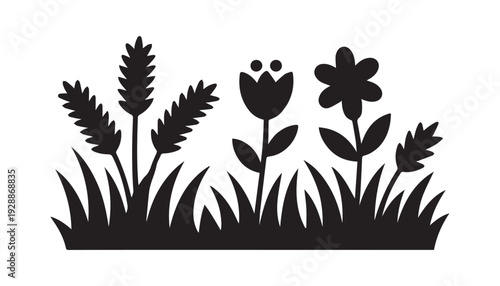 black color grass flower set of silhouette vector illustration, solid white background
