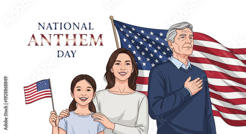Illustration of a family of three standing together with hands on hearts, celebrating National Anthem Day USA with American flags and a patriotic background.