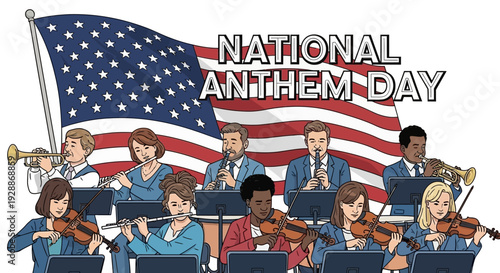 Illustration of a diverse group of musicians playing various instruments with a large American flag behind them, celebrating National Anthem Day in the USA with patriotic fervor and musical
