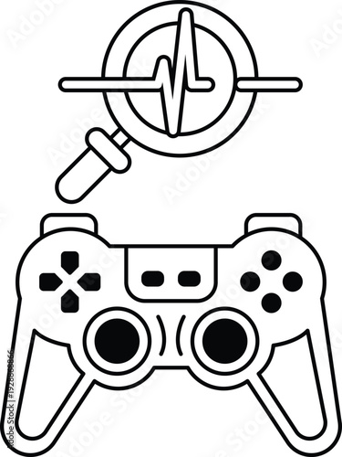 A black and white image of a video game controller with a magnifying glass on to