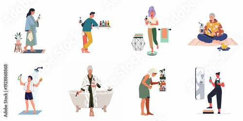 Daily Self-Care and Personal Hygiene Routines: Diverse People Using Skincare and Bath Products for Wellbeing and Health