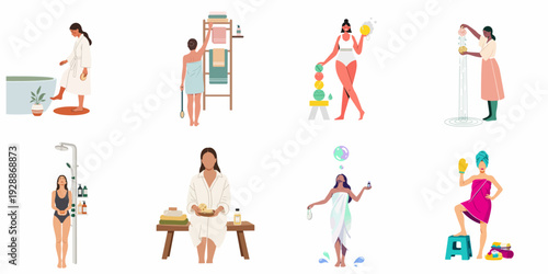 Women's daily self-care and hygiene routines: a vibrant illustration set showcasing bathing, showering, and spa relaxation for wellness and personal care.
