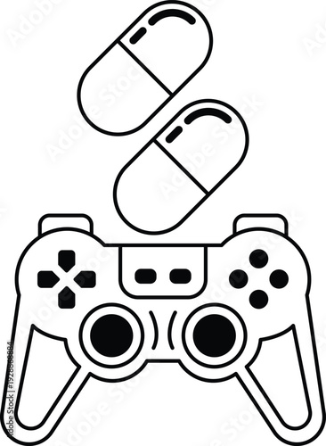 A black and white image of a video game controller with two pills on top of it